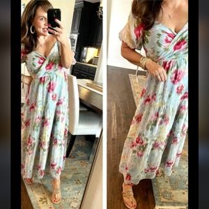 Nwt Lucy Paris Blue Floral Faux Wrap 3/4 Sleeve Tiered Midi Dress